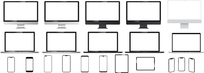 Aufkleber - Realistic mock up set computer, laptop, tablet and phone on transparent background. Device screen mockup collection. PNG image