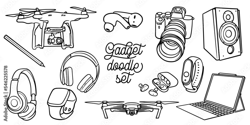 Hand drawing of digital gadgets doodle set isolated on white background.