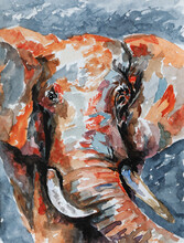 A Big Red-blue Elephant On A Blue Background. Watercolor Painting Of An African Elephant At Sunset