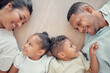 © David L/peopleimages.com - Top view, family and children with smile, on floor and happy together being loving, bonding and childhood in home. Love, parents or toddler twins with happiness, positive and wellness with tenderness