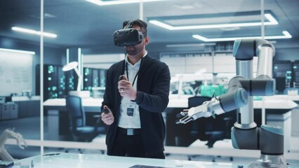 Leinwandbilder - Portrait of a Young Specialists Using a Virtual Reality Headset with Controllers to Operate an Experimental Robotic Arm Machine. High Tech Industrial Laboratory Facility.