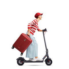 Wall Mural - Woman holding a trolley bag and riding an e-scooter