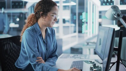 Leinwandbilder - Portrait of a Beautiful Smiling Smart Industrial Engineer Working on a 3D Circuit Motherboard Project on Computer CAD Software in an Agency. Modern Technological Research and Development Office.