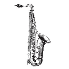 Canvas Print - Musical Jazz Saxophone Sketch Hand Drawn Gravure Style Vector Illustration.