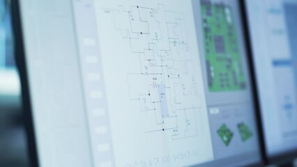 Poster - Close Up of a Computer Monitor Screen with Software Utility Tool with Digital Electronic Diagram of a Circuit Motherboard and 3D Model. Technological Research and Development Concept.