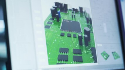 Poster - Close Up of a Computer Monitor Display with 3D CAD Software Interface with Digital Electronic Circuit Motherboard Being Designed. Modern Factory Engineer's Office Concept.