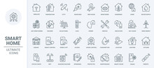 Smart Home Technology Thin Line Icons Set Vector Illustration. Outline Mobile App Symbols For Control Service Of House System, Surveillance Security And Conditioning, Status Of Remote Lock And Access