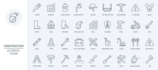 Poster - Construction industry, equipment and tools thin line icons set vector illustration. Outline engineering and planning works of builders, crane, road barrier and protection with helmet, water supply