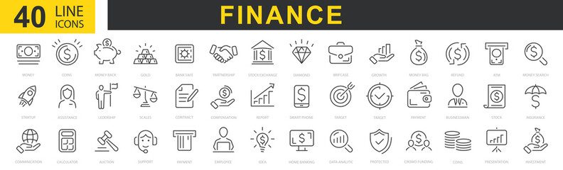 Wall Mural - Money icon set. Business and finance editable stroke line icon. Money, finance, payments elements. Icon set with money, bank, check, law, auction, exchance, payment, wallet, deposit, piggy, calculator