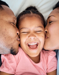 Canvas Print - Top view, mother and father kiss girl on cheeks, bonding and loving in bedroom on weekend together in home. Family, love and parents with daughter, happy and smile for quality time,