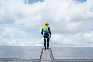 Poster - Engineers checking the operation of the system solar cell on roof at factory,Alternative energy to conserve the world's energy,Photovoltaic module idea for clean energy production.