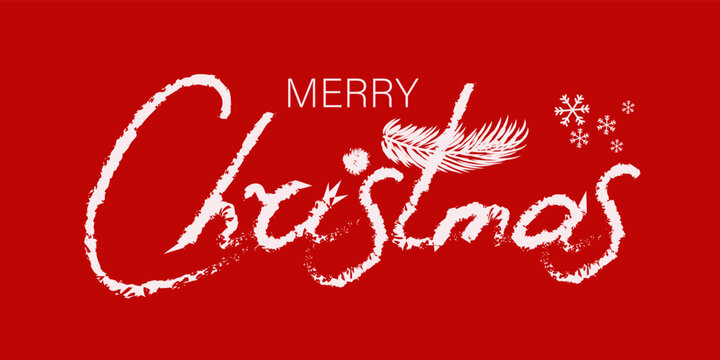 Merry Christmas Fir branch isolated on red background. Christmas holidays typography. Vector illustration.