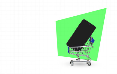 smartphone on a tiny shopping cart in a paper-like background. Copy space. black Friday month. discount banner 