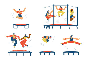 Wall Mural - Set of happy people jumping on trampoline flat style