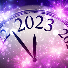 Wall Mural - Half-hidden clock showing 2023 with purple sparkling stars.