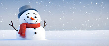 Panoramic View Of Happy Snowman In Winter Secenery With Copy Space