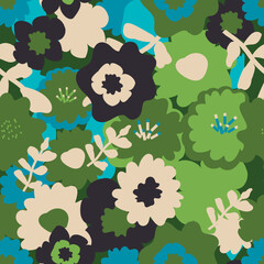 Poster - Seamless repeat pattern print background with bright-colored flowers