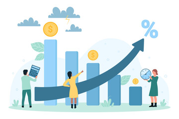 Impact of inflation on decline in income vector illustration. Cartoon tiny people look at percentage arrow increase and inflation growth, decrease in profit chart, unemployment and money loss