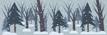 Wide Doodle Background With Gloomy Winter Forest In Shades Of Blue. Includes Repeating Trees Without Leaves And Spruce, Drifts And Snow.