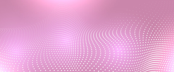 Poster - abstract background with dynamic waves, line and flowing particles on pink background. digital futur