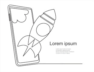 Poster - Continuous one line drawing of Rocket launch, ship on screen smart phone. Continuous line drawing. Startup business. Vector illustration. Isolated on white background.