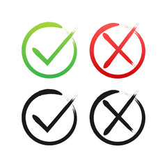 Poster - tick and cross signs. green checkmark ok and red x icon. symbols yes and no button for vote. vector 