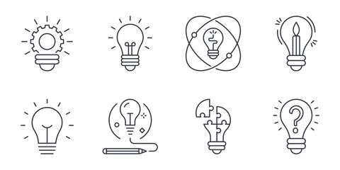 Light bulb icons. Editable stroke. Vector set of graphics elements. Technology idea inspiration symbol. Solution concept. Stock illustration isolated on white background