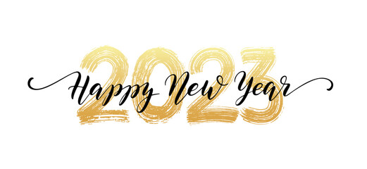2023 HAPPY NEW YEAR script text hand lettering. Design template Celebration typography poster, banner or greeting card for Merry Christmas and happy new year. Vector Illustration