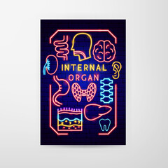 Sticker - Internal Organ Neon Flyer. Vector Illustration of Medical Human Health Objects.