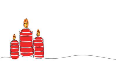 Red three candles with line art style. One line continues with color. Vector illustration.