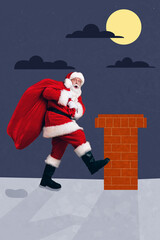 Sticker - Vertical collage picture of amazed funky grandfather santa walk house roof carry big present bag isolated on creative midnight background