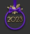 Hanging violet christmas bauble outline with 2023 sign.
