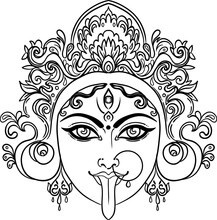 Portrait Of Indian Hindi Goddess Kali. Female Blue Head With Open Moth And Out Stuck Tongue. Destroyer Of Evil Forces. Diety, Spiritual Art. Occultism And Witchcraft. Vector Isolated Illustration.