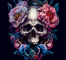 Skull And Flowers Day Of The Dead, Vintage Illustration. Digital Illustration For Prints, Posters, T Shirt, Postcards, Stickers, Tattoo