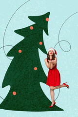 Wall Mural - Vertical creative collage picture of gorgeous girl arms send air kiss you painted decorated newyear tree isolated on drawing background