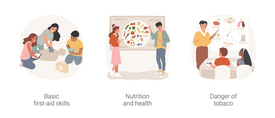 Poster - Teaching healthy lifestyle isolated cartoon vector illustration set. Basic first-aid lesson, teaching nutrition and health at school, danger of tobacco, unhealthy habits awareness vector cartoon.