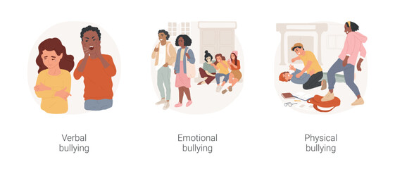 Poster - School bullying isolated cartoon vector illustration set. Verbal harassment, emotional bullying problem, whispering behind back physical attack on school child, children fighting vector cartoon.