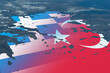 Turkey vs Greece. Turkiye and Greece conflict or military crisis concept photo. Elements of this image furnished by NASA.