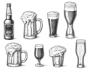 Canvas Print - Sketch beer, Beer glasses, mugs and bottles beer. A large set isolated on a white background. Vector illustration