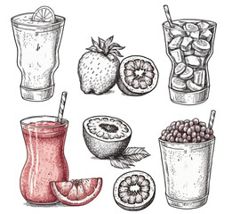Poster - Sketch smoothie, Healthy superfood, glass of fruit and berries smoothies.A large set isolated on a white background. Vector illustration