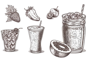 Poster - Sketch smoothie, Healthy superfood, glass of fruit and berries smoothies. A large set isolated on a white background. Vector illustration