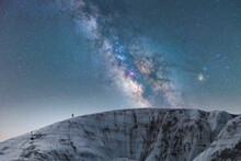 Vatnajokull Glacier With Snow Under Sky With Many Sparkling Stars And Milky Way