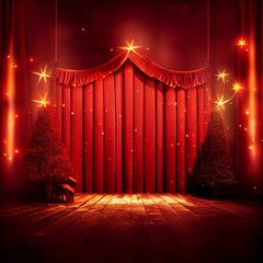 Ai generated digital art of Christmas trees on a red stage decorated with lights