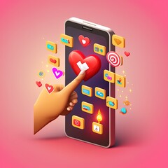 Poster - 3D Online Social media communication concept. phone with comment, video and photo gallery and play icons. Hand holding phone with emoji, comment, love, like and play icons. 2r illustrated illustration