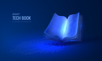 Digital book for learning in futuristic style. A hologram of a book with a luminous effect on the background of the circuit board. Neon vector illustration for landing page