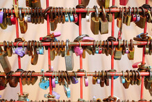 Many Love Padlocks Locked On Rusty Iron Gate In Singapore 