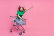 Full body portrait of excited amazed lady raise arm empty space isolated on pink color background