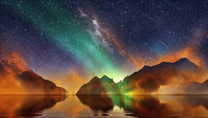 Wall Mural - aurora borealis starry night sky at sea , nebula star fall moon milky way reflection,mountains volca