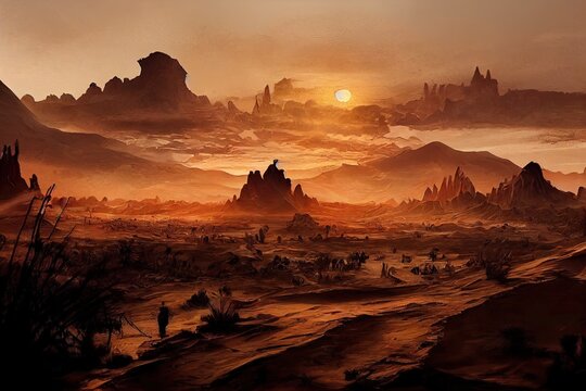 Post apocalyptic desert painting. Dramatic sunset atmosphere with sand mountains. Concept art illustration