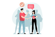 Employee Hiring Process Concept With People Scene In Flat Design. HR Manager Shakes Hands With Applicant And Hires Best Candidate After Interview. Illustration With Character Situation For Web